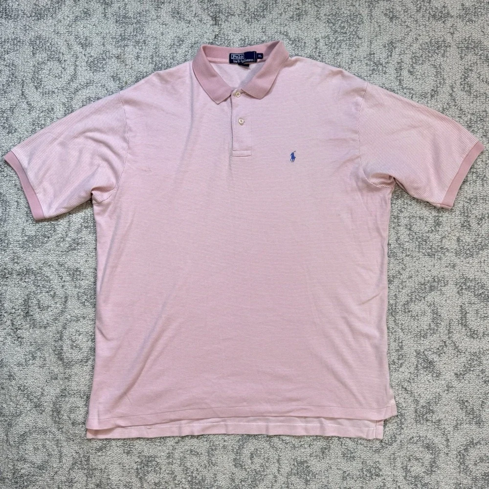 Polo Ralph Lauren Vintage Pink Striped Short Sleeve Polo Shirt Mens XL‎ Preppy